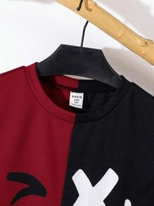 SHEIN Leap Crew 2pcs/Set Tween Boy Casual Adorable Colorblock Round Neck Short Sleeve T-Shirt & Shorts Set, Suitable For Commuting, School, Daily Casual And Sports, Spring/Summer - Red - View 3