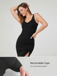 GLOWMODE Vestido casual con cuello en V de modal, bajo con abertura lateral, vestido deportivo con copas desmontables para uso diario - Negro - Ver 3