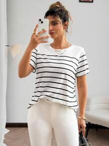 Franclia Camiseta de mujer de talla grande, de cuello redondo, de manga corta, con rayas y diseño estampado