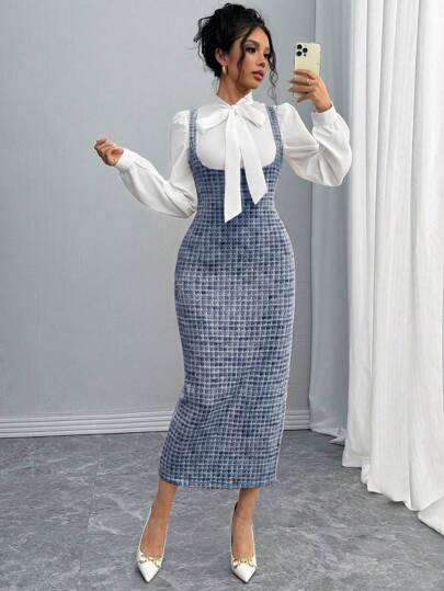 Elenzga 优雅时尚法式白领结衬衫 + 波点印花长吊带裙两件套，女士秋冬