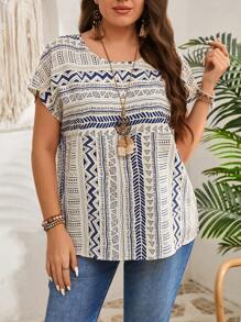 EMERY ROSE Große Größen Grafik Muster Lässig Loose Bluse, geeignet für Urlaub, Sommer