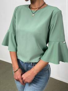 Chiquease Women's Solid Color Round Neck Handmade Beaded Flare Sleeve Shirt