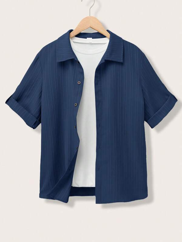 Teen Boy Teen Boys' Casual Relaxed Fit Collarless Button-Up Short Sleeve Woven Solid Shirt, Suitable For School, Garden, Beach, Birthday In Spring, Summer, Fall, Winter