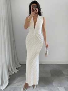 Chiquease Women Textured Bodycon Waist Cinching Fishtail Maxi Elegant Dress Fall Cloth For Women - Apricot - View 1