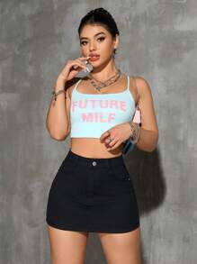 SHEIN PETITE 女士休闲百搭口袋紧身牛仔半身裙 - 黑色 - 查看 6