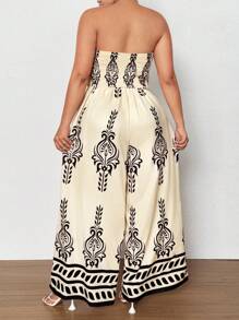 Maweii Plus Size Retro Print Halter Wide Leg Jumpsuit, Casual Resort Wear