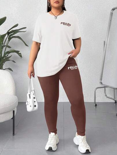 SHEIN EZwear 2pcs/Set Plus Size Letter Print T-Shirt And Leggings