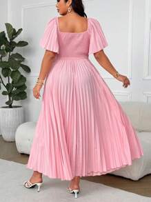 SHEIN Clasi Plus Size Square Neck, Ruffle Trim, Puff Sleeve, Pleated A-Line Dress, Elegant Vintage Style For Spring/Summer Vacation, Wedding, Party, Bridesmaid - Pink - View 2
