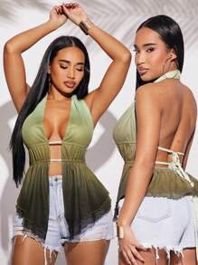 SHEIN SXY 绿色渐变性感露背荷叶边下摆女式背心 - 彩色 - 查看 8