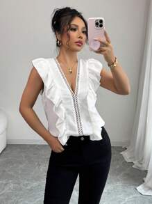 SHEIN Clasi Women's Sleeveless Ruffled Casual Elegant Blouse - White - View 1