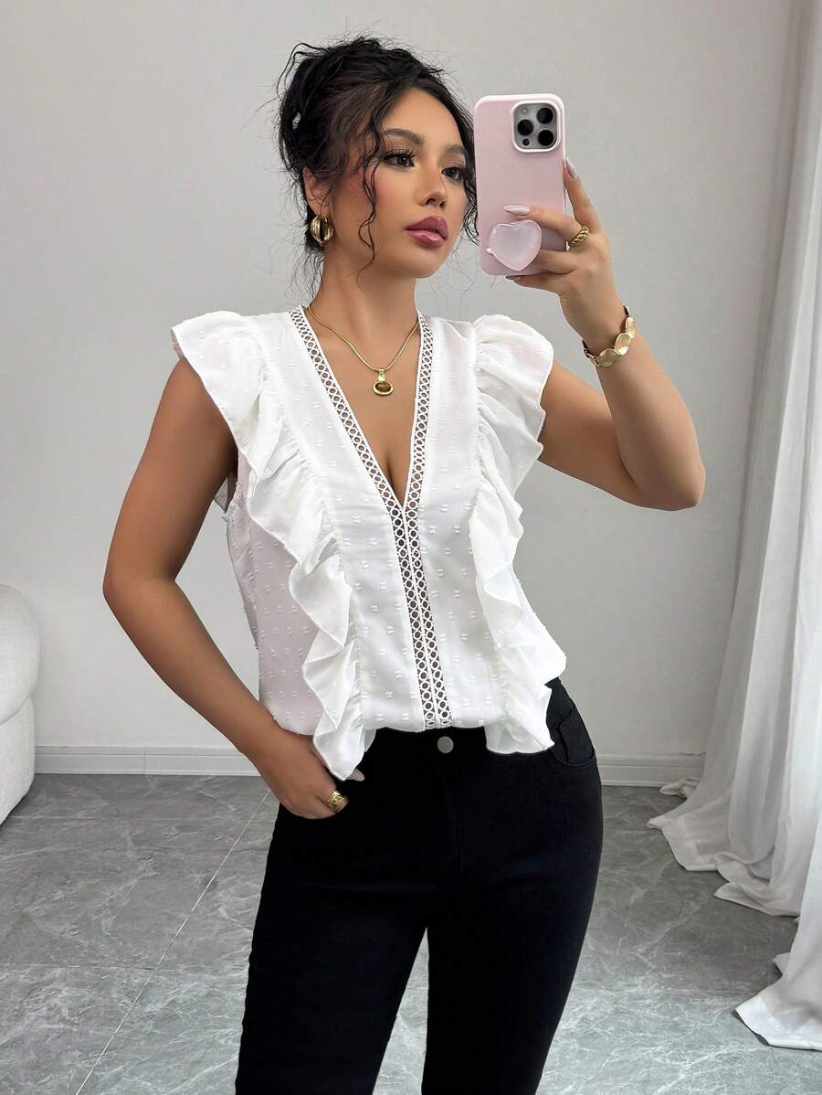 SHEIN Clasi Women's Sleeveless Ruffled Casual Elegant Blouse - White - View 1