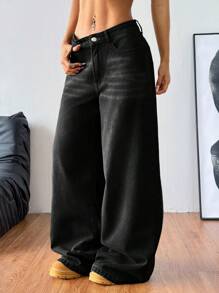 Coolane Women's Pocketed Wide Leg Relaxed Casual Versatile Jeans, Women Jeans,Black, Jeans Wide Leg - Black - View 3