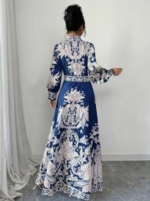 Elenzga 大码女式时尚复古印花长袖收腰连衣裙，宫廷风格 - 藍色 - 查看 2