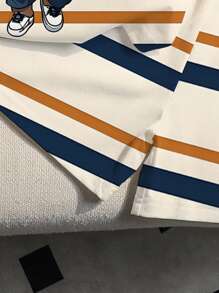 SHEIN Explorewe 小男孩泰迪熊条纹印花圆领短袖 T 恤和短裤套装（带吊带） - 橘色 - 查看 5