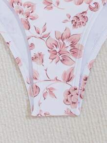 Swim Mod Conjunto de bikini sexy de mujer con estampado floral y lazo en el cuello estilo halter para vacaciones en la playa con falda cubierta, estampado aleatorio, 3 piezas