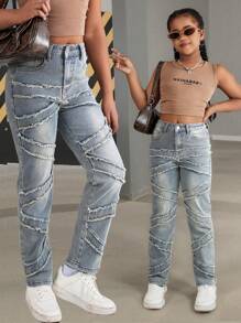 Girls' New Denim Layered Ripped Washed Straight Tassel Fashionable Casual Jeans - Medium Wash - View 1