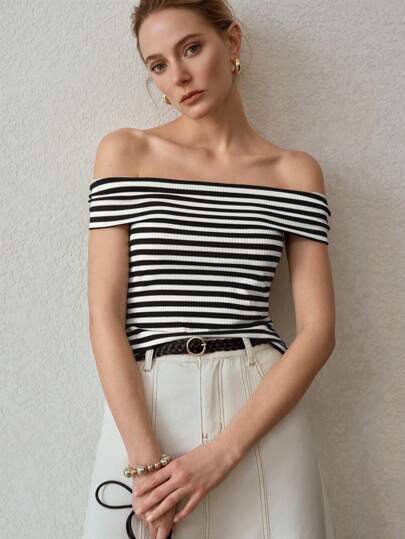 MOTF PREMIUM WOMEN'S KNITTED STRIPED PRINT FOLDOVER OFF-SHOULDER T-SHIRT