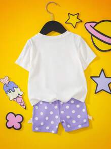 Nick 90s | SHEIN 女婴 2 件套卡通可爱甜美休闲风格白色卡通图案 T 恤和紫色圆点短裤套装，适合春夏季 - 紫色 - 查看 2