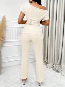 SOLERSUN Asymmetrical Neck Split Hem Ruched Top & Flare Leg Pants - Apricot - View 2