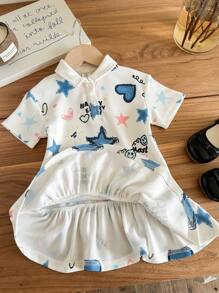 SHEIN Baby Girl Cute Cartoon Pattern Knitted Short Sleeve Dress, Summer - Hot Pink - View 3