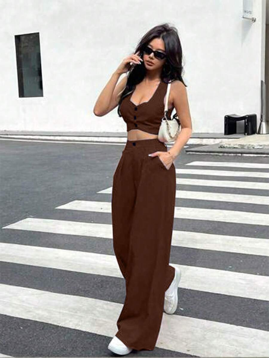 INAWLY Conjunto de 2 piezas para mujer con top de tirantes de unicolor y pantalones, casual y de moda, adecuado para el verano - Marrón Mocha - Ver 1