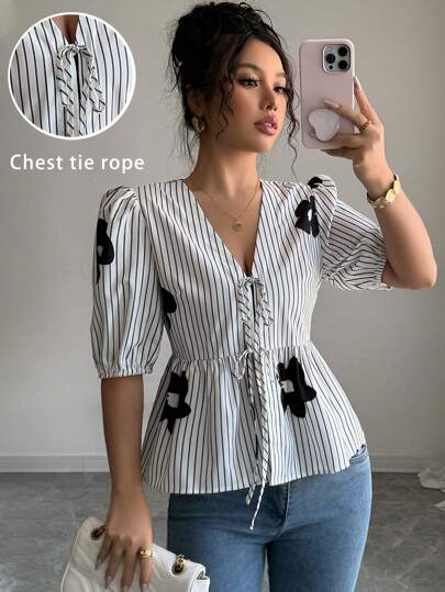 Chiquease Blusa de mujer con estampado de rayas y lazo