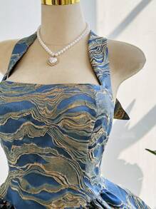 Chiquease Elegant Jacquard Backless Halter Mini Dress