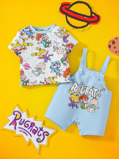Nick 90s | SHEIN Conjunto de 2 piezas para bebé niño: Camiseta con gráfico de dibujos animados y peto azul, deportivo y casual