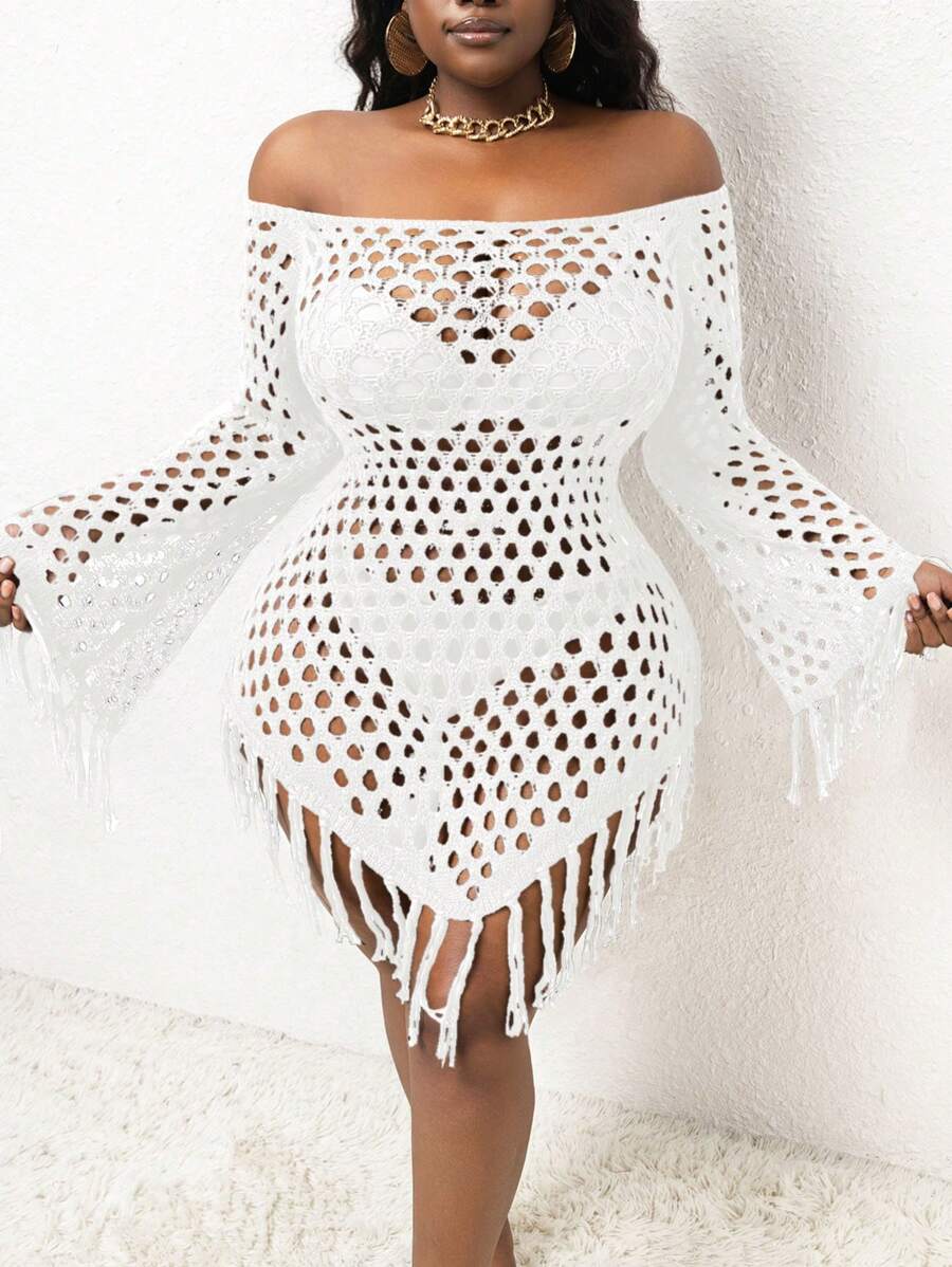 Slaydiva Áo choàng đan tua rua hở vai cỡ lớn - trắng - Xem 1