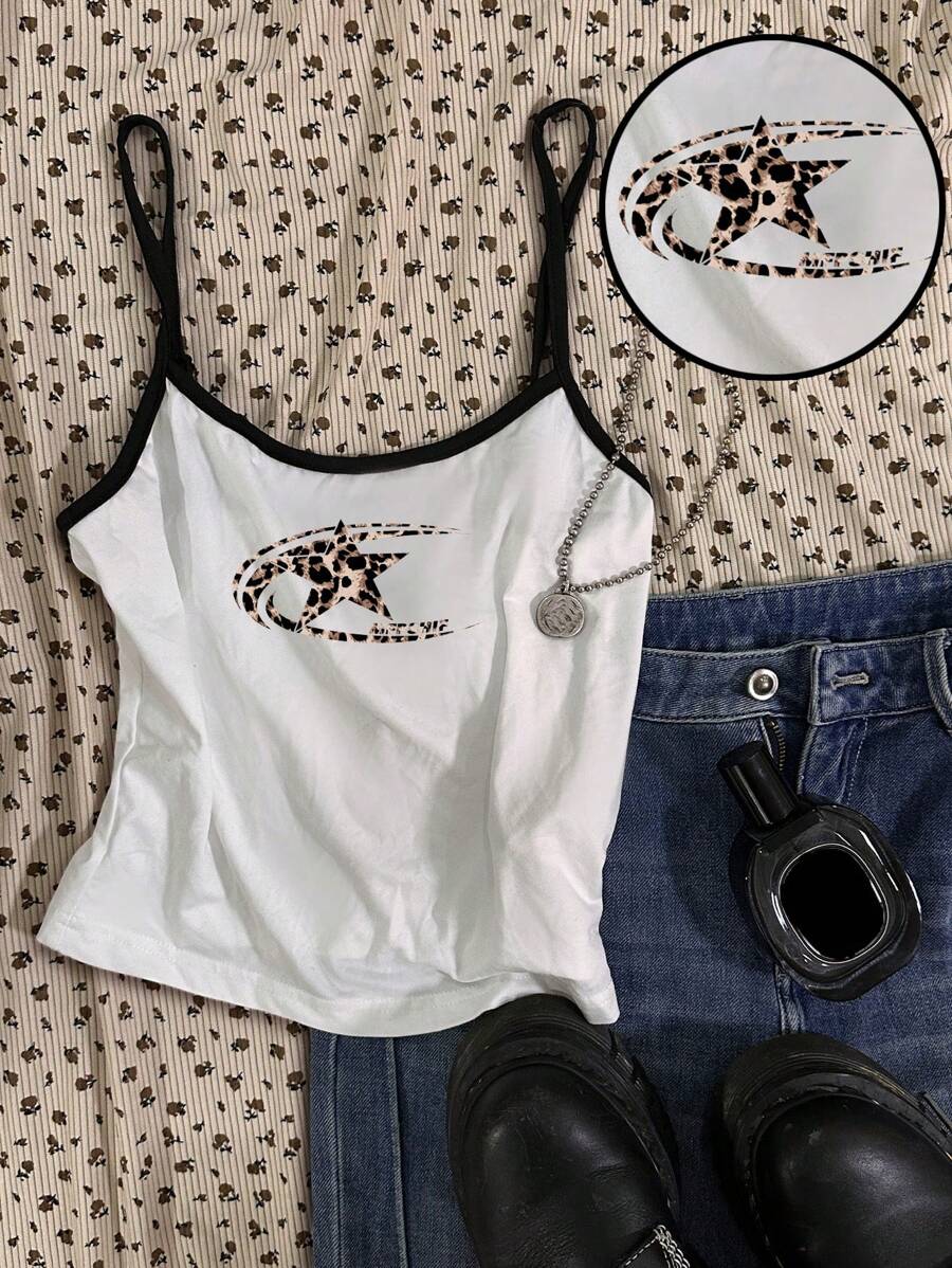 Attitoon 女士休闲性感豹纹流星印花吊带上衣，黑白撞色绑带上衣，适合春季、夏季、音乐节、运动季 - 白色 - 查看 1