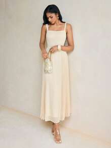 Harshal Khanderia 女士米色夏季纯色雪纺褶皱优雅长裙女士假日度假连衣裙 - 卡其色 - 查看 5