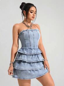 SHEIN EZwear 女式荷叶边下摆抹胸式牛仔连衣裙 - 藍色 - 查看 6