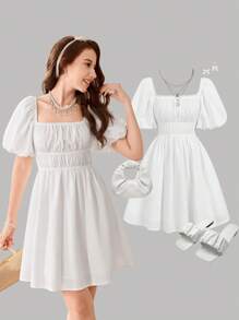 Girlism Teen Girl White Front Ruffle Puff Sleeves Dress, Spring And Summer Are Suitable For Vacation, Festivals, Lunch, Music Festivals - White - View 3