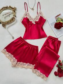 SilkySpell 3pcs Women Sleepwear Set: Contrast Trim Elegant Satin Camisole Shorts And Long Pants