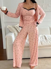 DAZY Conjunto de 3 piezas: Top tipo camiseta de blonda con estampado de lazo y bloqueo de color + Chaqueta + Pantalones de pijama, para primavera