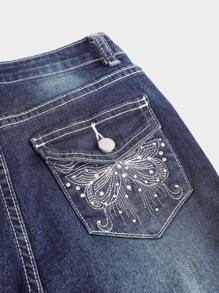 SHEIN Girlism Tween Girl Fashion Y2K Low Waist Vintage Rhinestone Butterfly Embroidered Denim Flare Leg Jeans, Fall Winter Clothes Back To School