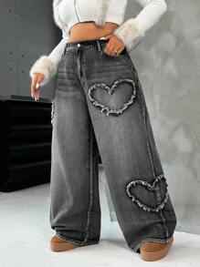 SHEIN ICON Quần Jeans Ống Thẳng In Hình Trái Tim Cỡ Lớn Màu Xanh - màu đen - Xem 4