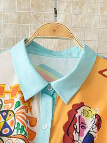 SHEIN Clasi Court Retro  Plus Size Women Elegant Romantic Whimsical Print Short Sleeve Shirt Dress, Suitable For Summer, Back To School, Graduation, Holidays, Valentine's Day, Music Festivals, Mother's Day, Halloween, Thanksgiving, Easter, National Day, Dances, Dates, Parties, Outings - Multicolor - View 5