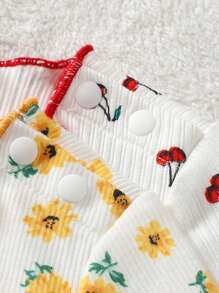 4pcs Baby Girl Flower Pattern Ruffle Trim Round Neck Long Sleeve Top And Long Pants Comfortable Homewear Pajama Set - Multicolor - View 4