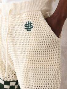 SUMWON 奢华针织抽绳运动短裤优质棋盘格图案装饰休闲运动沙滩夏春轻盈透气运动跑步篮球家居服 - 杏色 - 查看 7