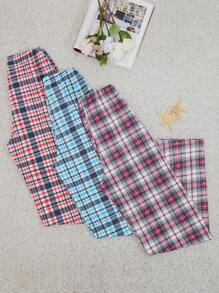 RueChic Cotton Women 3 Packs Multicolour Contrast Colour Ribbon Detail Plaid Pattern Homewear Lounge Bottoms Set - Multicolor - View 2