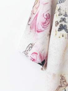 EMERY ROSE New Fresh Retro Artistic Dye Print Round Neck Lightweight Viscose Women Pullover Sweater, Spring/Summer - White - View 7