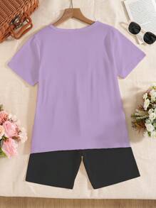 2pcs/Set Tween Girl Casual T-Shirt And Tight Shorts
