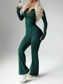 Dewbera Women Solid Color Long Sleeve Zip-Up Jacket And Flared Pants Sports Suit Gym Women Outfit