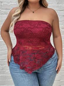 SHEIN CURVE+ Plus Size Lace Triangular Shawl Bralet Top, For Music Festival - Red - View 3