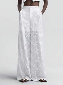 Ontre 2022 New Comfortable Casual Style 3D Floral Fabric White Women's Pants, Casual Comfortable Daily Wear, Spring, Beach/Holiday Bohemian Style, Summer Ins Influencer Same Style, Exotic Atmosphere, Country Music Festival, Western Style, High-Quality Comfortable Fabric