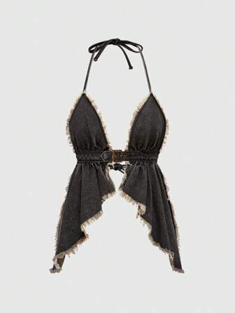 Hippie Top corto con spalline sottili in jeans indeboliti e sexy, stile Y2K, per le donne