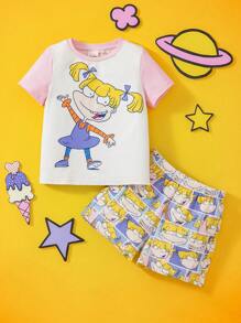 Nick 90s | SHEIN 2 件装少女卡通可爱女孩印花上衣和全身印花短裤睡衣套装，春夏 - 淺粉色 - 查看 1