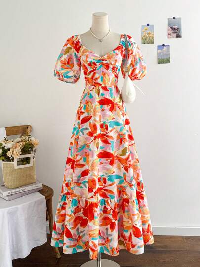 Soleia Women's Colorful Floral Print Puff Sleeve Ruffle Hem Romantic Vacation Dress, Suitable For SSpring, Wedding, Graduation, Back To School Party, Casual, Bachelorette, Vintage, Summer, Tropical Pattern