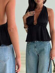 SHEIN Essnce Tank Top Women Women's Solid Color Halter Tie Back Sleeveless Blouse, Minimalist & Fashionable For Summer